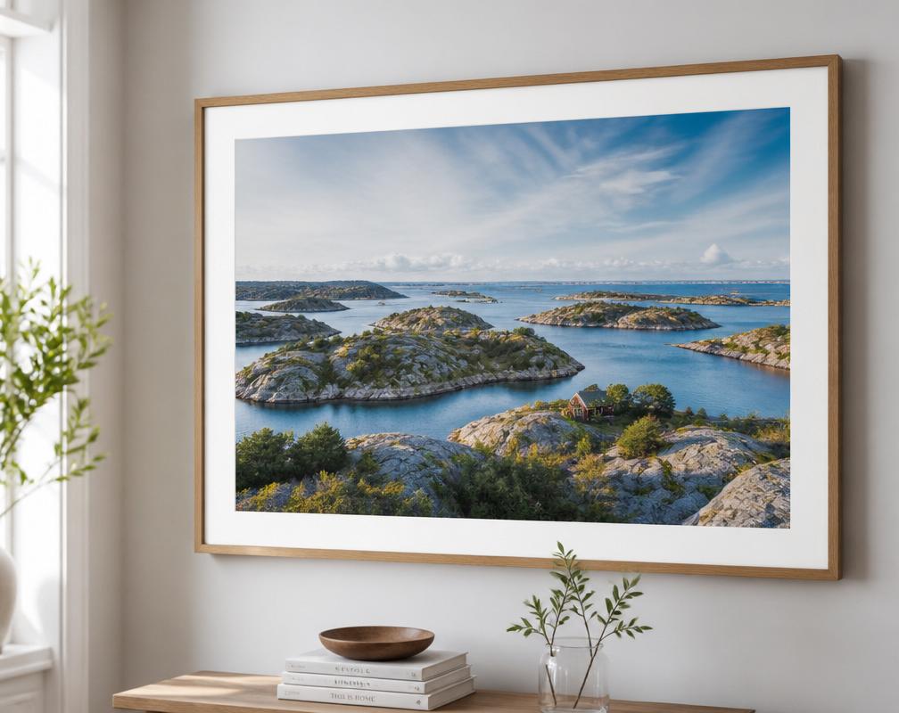 Landskapsfotografi i bred träram med vit passepartout